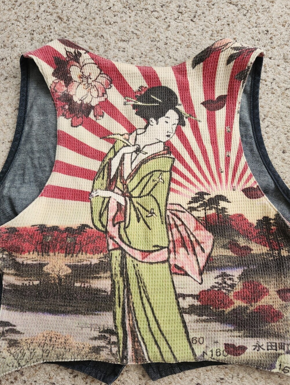 Lucky Cropped Denim Vest with China Graphic / Red and Cream Zebra Print - Picture 2 of 9
